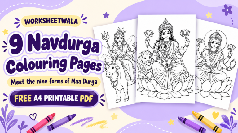 Preview of nine Navdurga colouring pages for kids, showing Shailaputri, Skandamata and Siddhidatri.